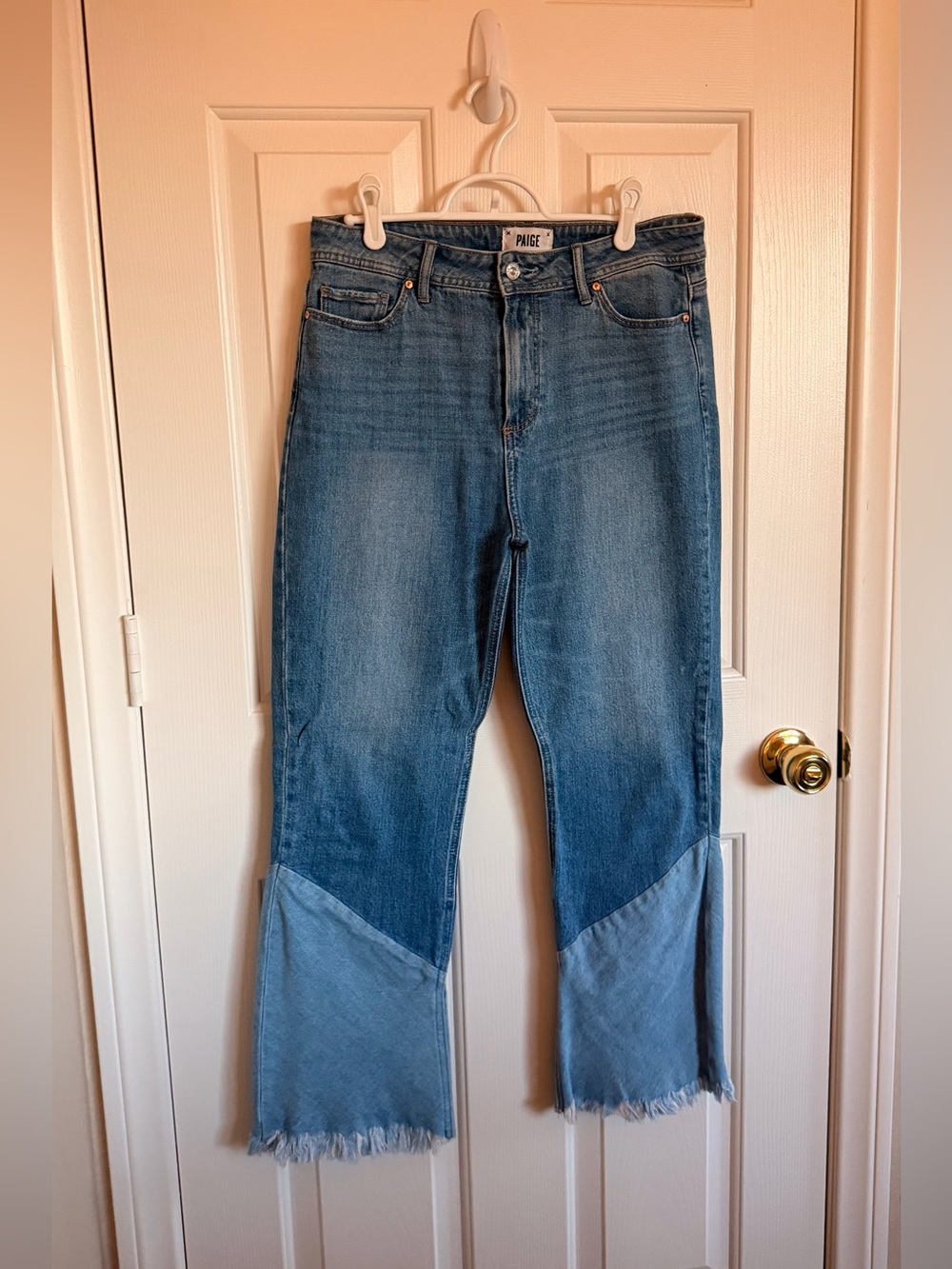 PAIGE Two-Tone Blue Wide Leg Jeans with Fraying